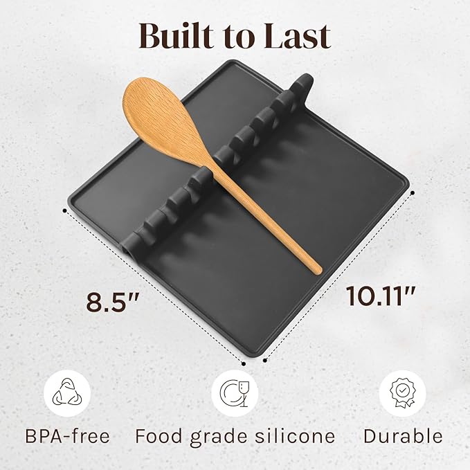Black XL Silicone Spoon Rest for Stove Top with Drip Pad (1 Pack) - Heat-Resistant, BPA-Free Utensil Rest & Spoon Holder for Kitchen Counter - Grill Utensil Holder for Spatulas, Tongs, Ladles