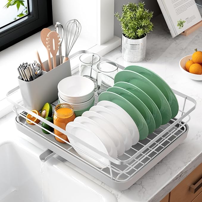 Kitsure Dish Drying Rack for Kitchen Counter, Stainless Steel Sink Organization and Storage Essentials with Cutlery Holder, Home and Appartment Decor, 12''W x 15.5''L, Silver Grey