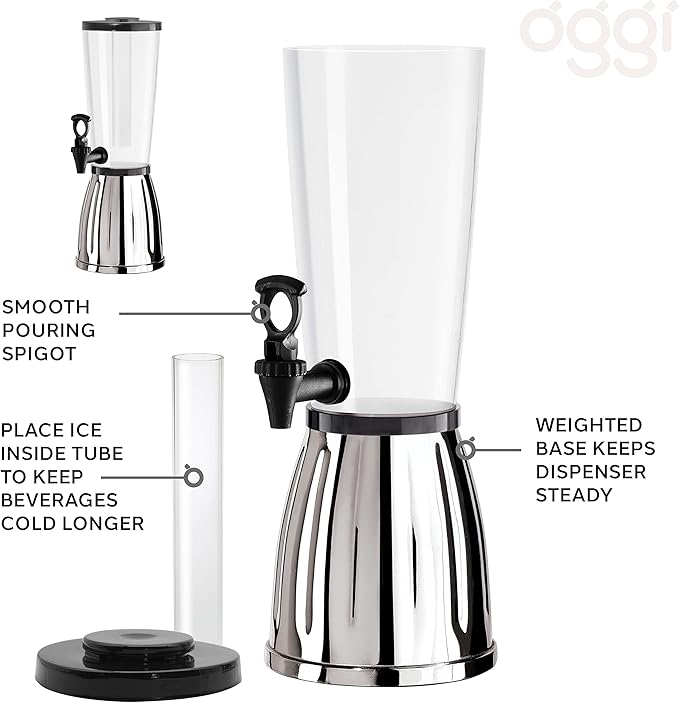 OGGI Beverage Dispenser - 3-quart / 6-Pints, Perfect for Parties, Use as Alcohol, Water, Lemonade Dispenser & More