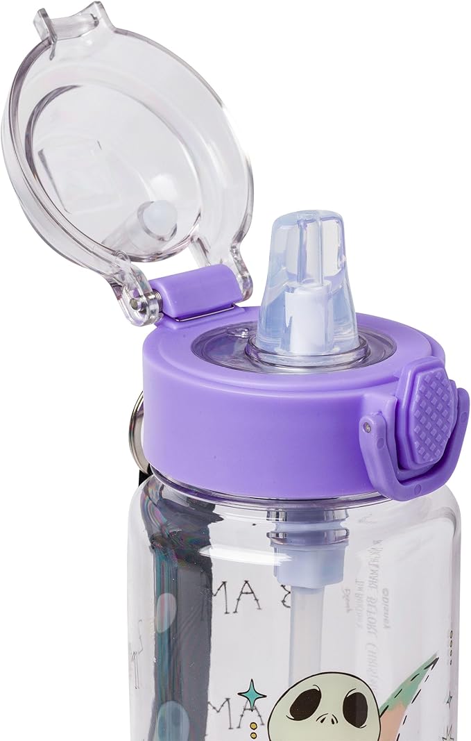 Silver Buffalo Disney Tim Burton's Nightmare Before Christmas Mystic Opulence Hydration Tracker Schedule Plastic Water Bottle With Locking Lid, Strap, and Straw, 33 Ounces