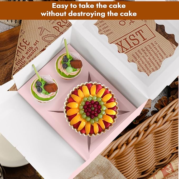 Pink 10 Packs cajas para postres and Cupcake Box 3 Holes Fit 2 Cupcakes and 1 Mini Cake Box with Clear Window and Stickers for Wedding Birthday Party Bakery pastry boxes(Pink, 1+2(10Pack))