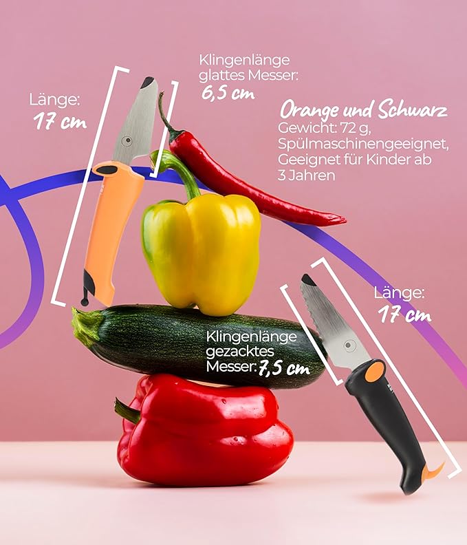 Kuhn Rikon Kinderkitchen® Kids Chef Knife Set 6", 2 Pieces, Black/Orange | Straight Edge & Serrated Knife | Cutting Tool Made for Real Cooking | Child Friendly Dog Design With Hand Guard For Safety