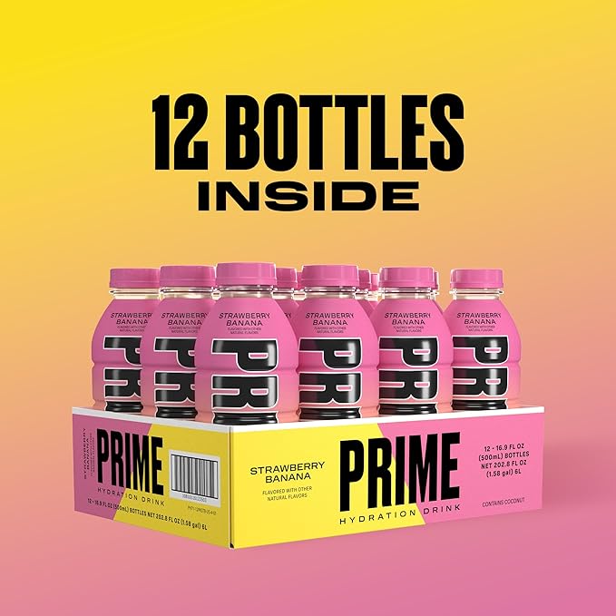 PRIME Hydration STRAWBERRY BANANA, Sports Drinks, Electrolyte Enhanced for Replenishing Fluids, 250mg BCAAs, B Vitamins, Antioxidants, Low Sugar, 16.9 Fl Oz, 12 Pack
