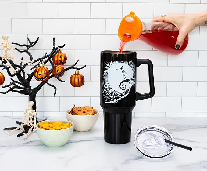 Silver Buffalo Disney Nightmare Before Christmas by Tim Burton Jack Skellington Hill and Moon Drawing Stainless Steel Tumbler with Handle and Straw, Fits in Standard Cup Holder, 40 Ounces