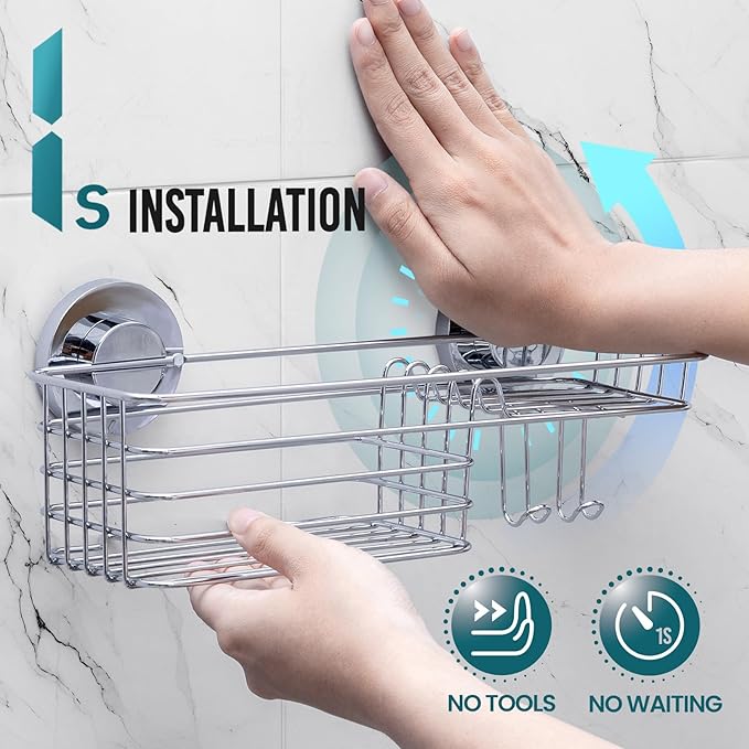 TAILI Shower Caddy Suction Cup with Hooks & Soap Holder, Heavy Duty Bathroom Shower Organizers, Removable Bathroom Shelves for Inside,Stainless Steel Holder Organizer-Silver