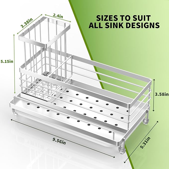 Cisily Stainless Steel Kitchen Sink Caddy Organizer, Sponge Holder for Sink Rustproof, Non-Slip Soap Dish Dispenser Brush Holder Storage, Home & Kitchen Essentials Accessories (Stainless Steel)