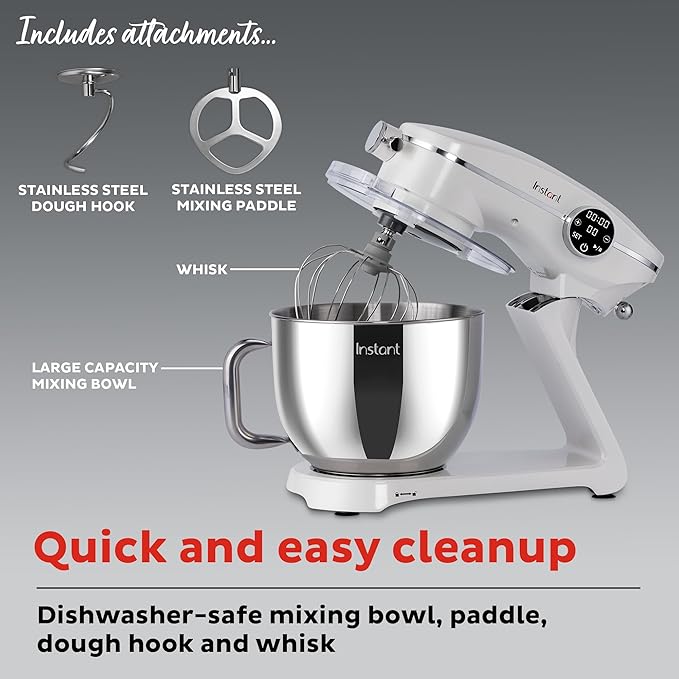 Instant Pot Instant Stand Mixer Pro,600W 10-Speed Electric Mixer with Digital Interface,7.4-Qt Stainless Steel Bowl,Dishwasher Safe Whisk,Dough Hook and Mixing Paddle,Pearl