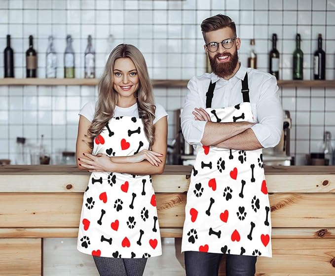 EKOBLA Dogs Paw Print Aprons Animal Bones Cute Lovely Cartoon Adorable Footprint Red Heart Waterproof Resistant Chef Cooking Kitchen BBQ Adjustable Aprons for Women Men 27x31 Inch