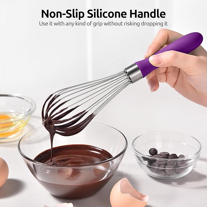 U-Taste 9" Small Egg Whisk: 18/10 Stainless Steel Kitchen Cooking Wire Balloon Wisk, Heavy Duty Metal Beater Stirrer, Manual Baking Tool with 6 Flex Wires for Hand Mixing, Blending Sauce (Purple)