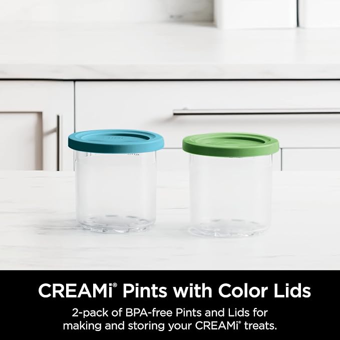 Ninja CREAMi Pints 2 Pack, Compatible with NC299AMZ & NC300s Series CREAMi Ice Cream Makers, Genuine Ninja Pint, BPA-Free & Dishwasher Safe, Color Lids, 1 Pint Each, Clear/Lime/Aqua, XSKPLID2CD