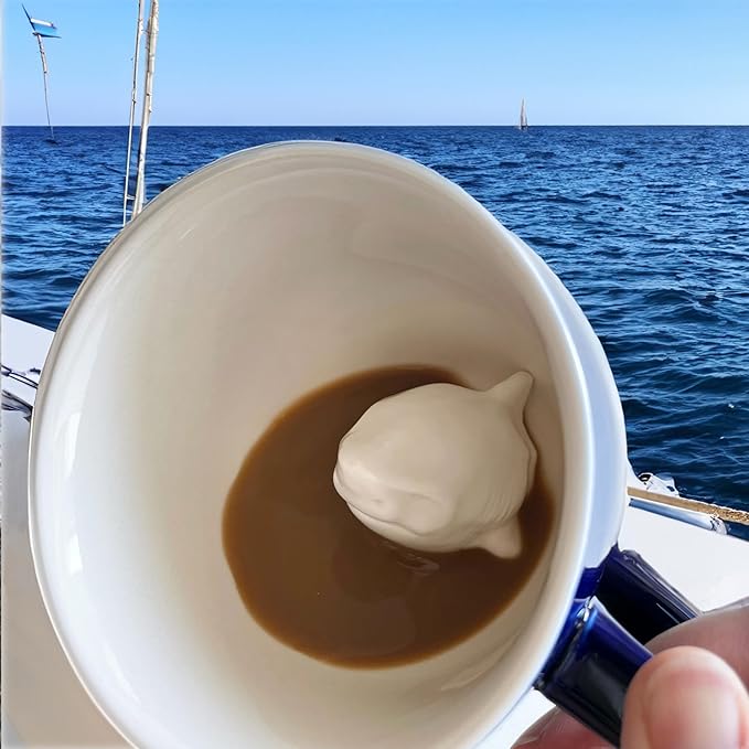 Creature Cups Great White Shark Ceramic Mug – 11 oz Navy Blue Coffee Cup with Hidden Ocean Animal Inside – Unique Gift for Coffee, Tea & Shark Lovers