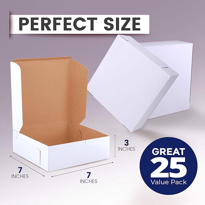 [25 Pack] Pastry Boxes - 7 x 7 x 3 Inches White Bakery Box for Cookies, Compostable Kraft Paper Cardboard for Baked Goods Packaging, Cake, Food, Donut, Cupcake, Candy, Bread, Bridesmaid Gift Box