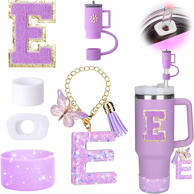 Mity rain 6PCS Cup Accessories Set for Stanley Cup 30oz 40oz tumbler with handle, Including Silicone Straw Topper Cover Cap and Boot, Spill Proof Stopper, Handle Charm, Initials Sticker (Letter E)