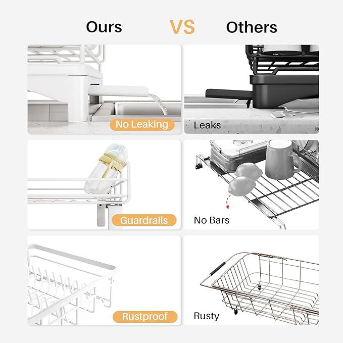 SNTD Dish Drying Rack - Extendable Dish Rack, Large Sink Drying Dish Drainer for Kitchen Counter, Stainless Steel Dish Strainer with Utensil Holder (White)