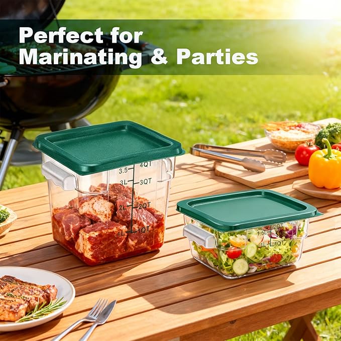 4 Pack 2QT & 4QT Food Storage Containers with Green Lids, Clear Square Commercial Food Storage Containers with Scales and Handles, BPA-Free Airtight Restaurant Container for Sourdough, Marinating Meat