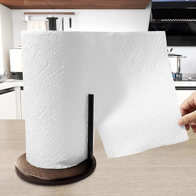 Wood Paper Towel Holder Countertop, OBODING, Farmhouse Kitchen Paper Towel Holders Stand with Real Wooden Base, fits Standard and Jumbo Size Paper Towels (Dark Brown)