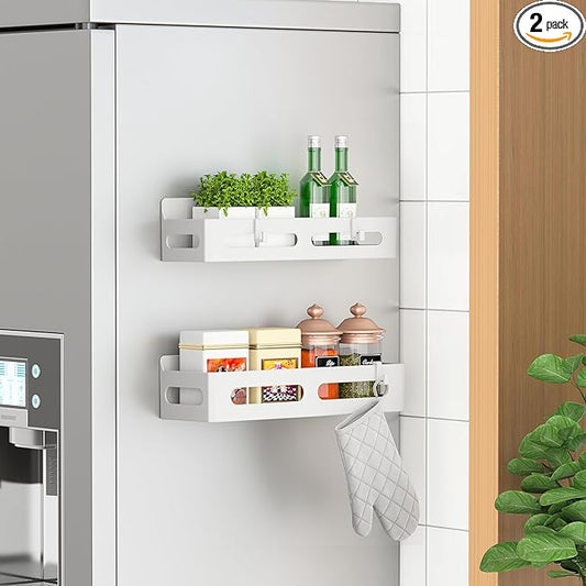 2 Pack Magnetic Spice Rack for Refrigerator, Spice Rack Organizer, Moveable Magnetic Shelf Fridge Organizer with 4 Hooks for Kitchen and Oven Organization, White