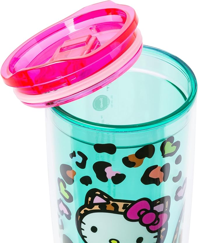 Silver Buffalo Sanrio Hello Kitty Leopard Print Double Wall Travel Tumbler with Slide Close Lid, 20 Ounces