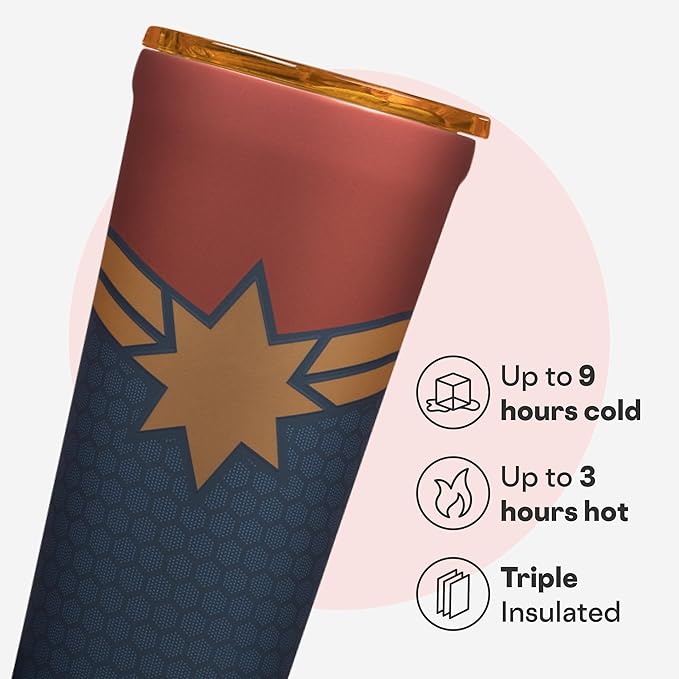 Corkcicle Disney Tumbler - Triple-Insulated Stainless Steel - Keeps Drinks Cold 9 Hours - Spill-Proof Lid - Reusable - Summer Drinkware Gift - Keeps Drinks Ice Cold - 24 oz - Captain Marvel