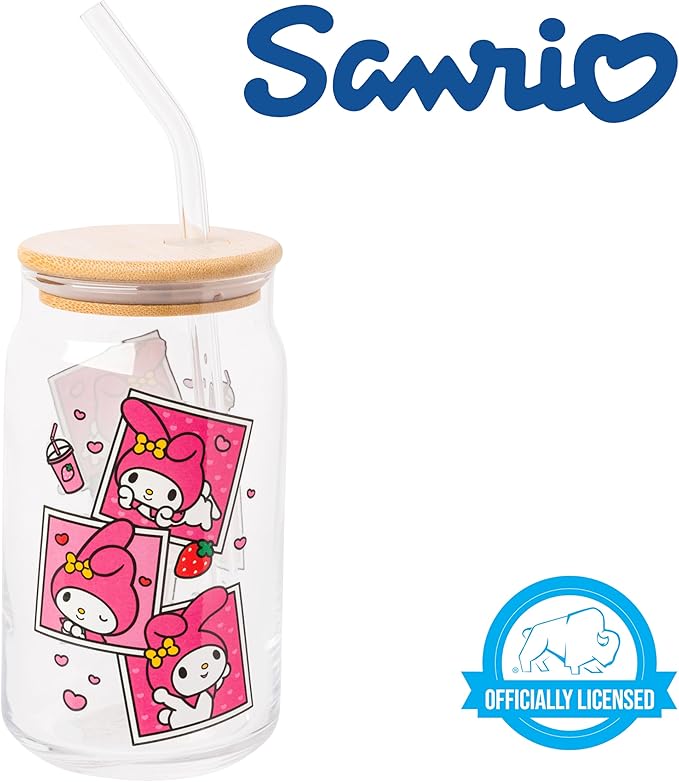 Silver Buffalo Sanrio Hello Kitty and Friends My Melody Polaroids Glass Jar Tumbler with Bamboo Lid and Glass Straw, 16 Ounces
