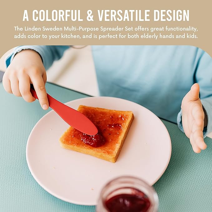 LINDEN SWEDEN 3-Pack Multipurpose Spreaders | Everyday Use Knives for Spreading | Small Spreader Knives | Dishwasher Safe Peanut Butter Jar Knife | Mess Free Butter Spreader | 3 Pack | Multicolored