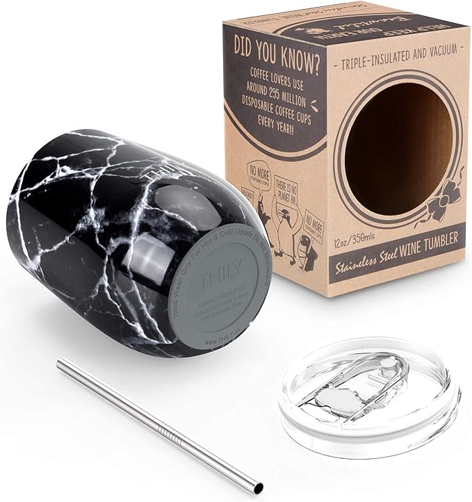 THILY Wine Tumbler Stainless Steel Insulated Stemless Wine Glass with Lid and Straw, Travel Cup Keep Cold for Coffee, Cocktails, Black Marble