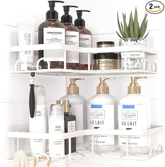 Corner Shower Caddy - 2 Pack, Adhesive Shower Organizers, Rustproof Stainless Steel Shower Shelves with 8 Hooks, No Drilling Bathroom Organizers and Storage Racks, Space-Saving, White, Medium
