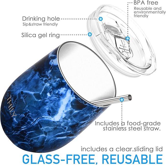 THILY Wine Tumbler Stainless Steel Insulated 12 oz Stemless Wine Glass with Slide Lid and Metal Straw, Travel Cup Keep Cold for Coffee, Cocktails, Abysmal Sea