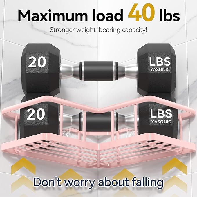 YASONIC Shower Caddy Corner, 3-Pack Adhesive Rustproof Stainless Steel Shower Shelves with Soap Holder, No Drilling Shower Organizer Corner for Dorm, Renters Bathroom, Pink