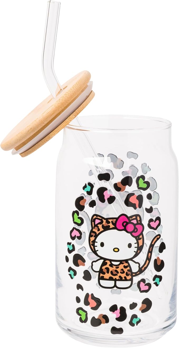 Silver Buffalo Sanrio Hello Kitty Leopard Print Glass Tumbler with Bamboo Lid and Glass Straw, 16 Ounces