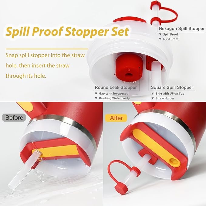 Stanley Cup Accessories Set Including 6 Pcs Silicone Spill Proof Stopper, 2 Pcs Straw Cover Cap for 9-10 mm Straws, 1 Pcs Silicone Boot for Stanley Cup 40oz & 30oz Tumbler (Chili)