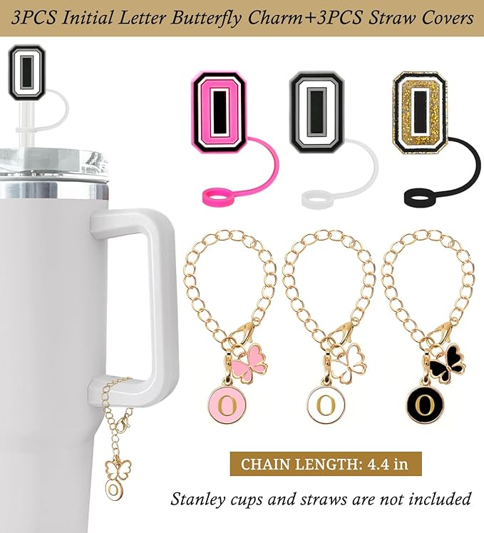 （3 +3) Nuozme Straw Cover Compatible with Stanley Tumbler Cup 3PCS Letter Straw Caps Toppers with 3 Initial Butterfly Charms Name ID For Stanley 30&40 Oz Cup