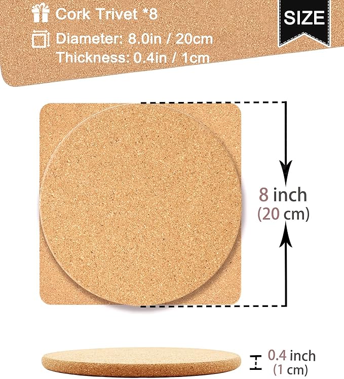 Cork Trivet, High Density Fine Particle Thick Cork Trivets for Hot Dishes, 8 Inch Heat Resistant Coaster, Placemats Hot Pads for Pots and Pans, 8 Pcs, 8x0.4 Inch, Round and Square (KTLBCT26)