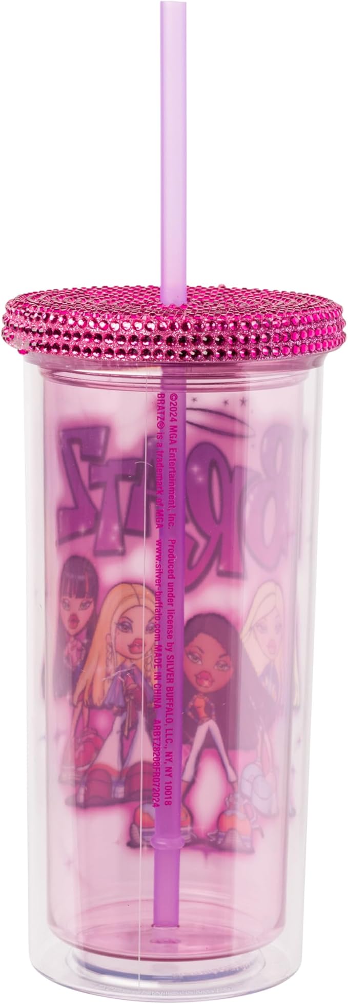 Silver Buffalo Bratz Featuring Cloe, Yasmin, Jade, and Sasha Plastic Tall Cold Cup with Rhinestones Lid and Straw, 20 Ounces