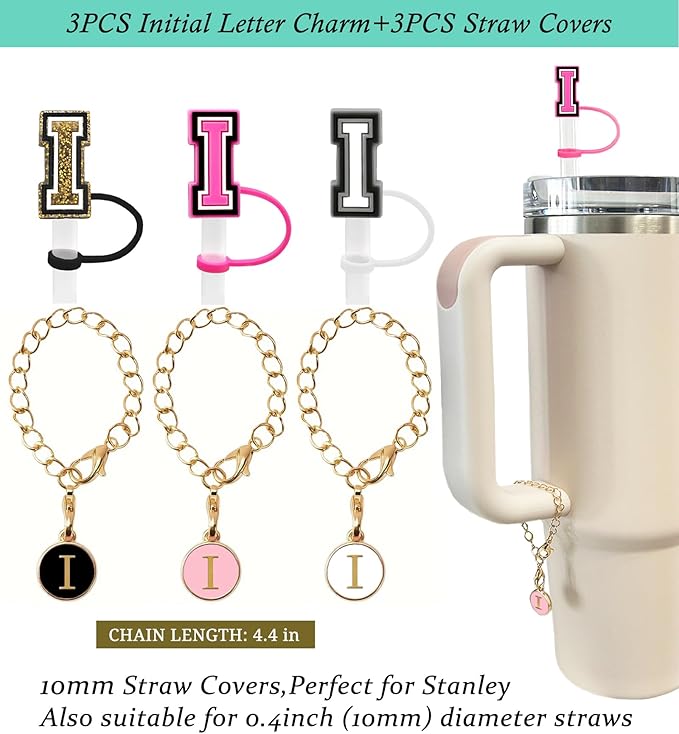 （3 +3) 3PCS Nuozme Straw Cover 10mm For Stanley Tumbler Cup Reusable Straw Cap Topper with 3 Initial Letter Charms Accessories Name ID Personalized Handle Charm For Stanley 30&40 Oz Cup Tumbler