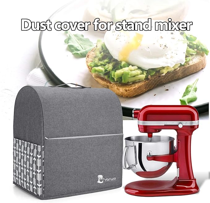 Yarwo Stand Mixer Cover Compatible with 6-8 Quart KitchenAid Mixer, Protective Dust Cover with Top Handle and Pockets for Accessories, Gray with Grid