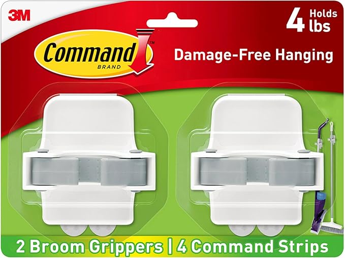 Command Broom and Mop Grippers, 2 Hangers and 4 Command Strips, Damage-Free Hanging Wall Mount Broom and Mop Holder, Household Cleaning Organizer for Christmas Decorations, Holds up to 4 lb