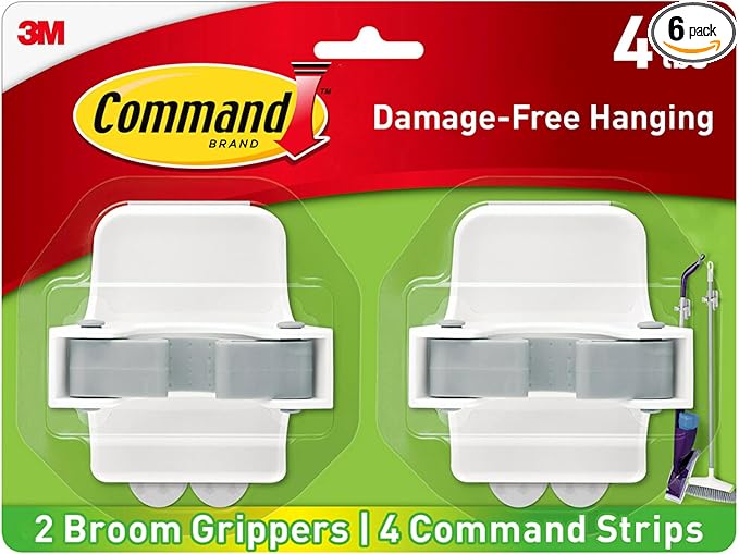Command Broom and Mop Grippers, 2 Hangers&4 Strips, Damage-Free Hanging Wall Mount Broom & Mop Holder, Household Cleaning Organizer for Organization & Storage, Holds up to 4 lb (Pack of 6)