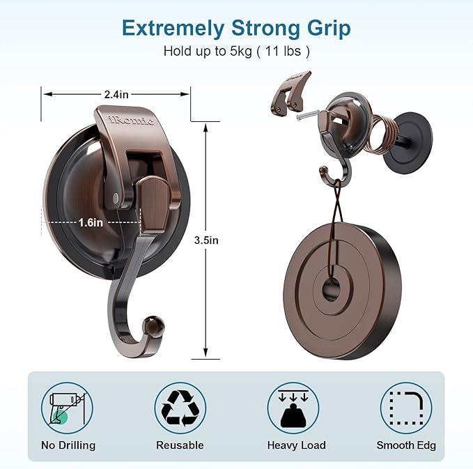 Heavy Duty Vacuum Suction Cup Hooks (2Pack) for Shower,Glass Window,Kitchen&Bathroom&Restroom Organization,Red Bronze
