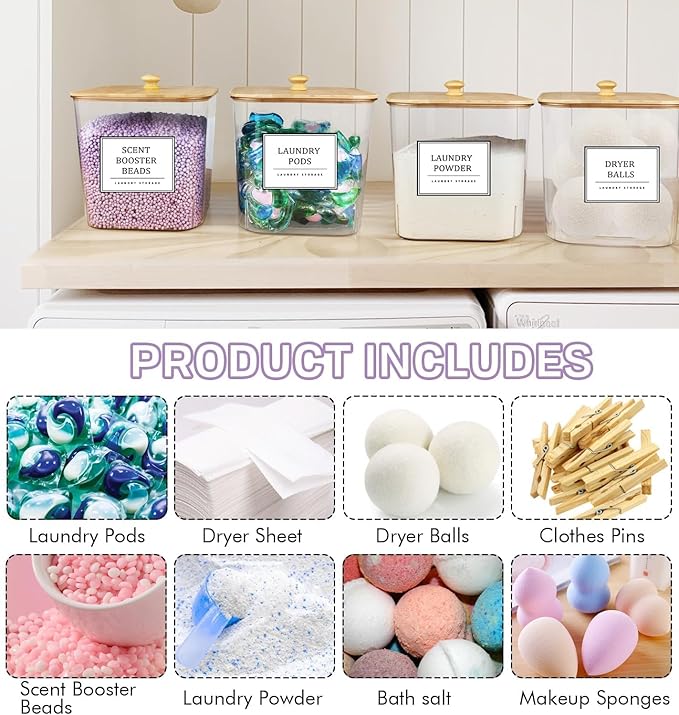 4 Pack Clear Laundry Pod Container, Laundry Room Organization Containers with Wooden Lids & Labels - Large Detergent Powder Storage for Room Organization, Scent Booster Holder