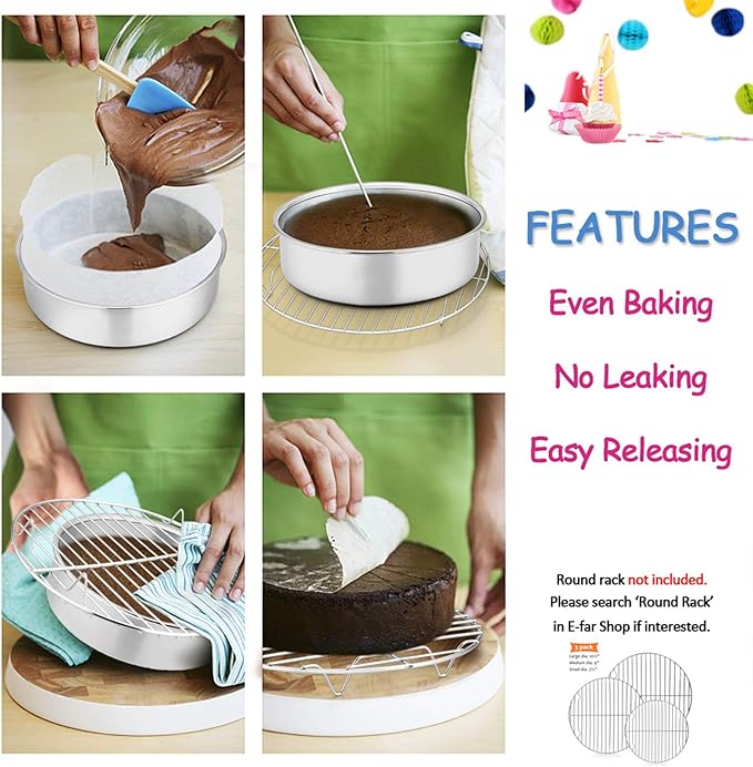 E-far 6 Inch Cake Pan Set of 2, Stainless Steel Round Smash Cake Baking Pans, Non-Toxic & Healthy, Mirror Finish & Dishwasher Safe