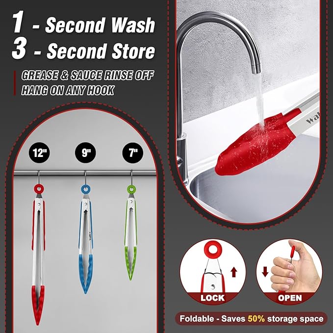 Walfos Silicone Tongs for Cooking - Heat Resistant kitchen tongs for Salad,Cooking, Grilling,Stainless Steel and BPA Free Silicone Tips set of 3 (7" 9" and 12 inch)