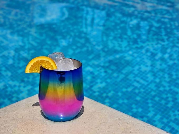 CHILLOUT LIFE 12 oz Stainless Steel Wine Tumblers 2 Pack - Double Wall Vacuum Insulated Wine Glasses Cups with Lids and Straws Set Keeping Cold & Hot for Coffee, Beer, Ice Cream - Colorful Rainbow