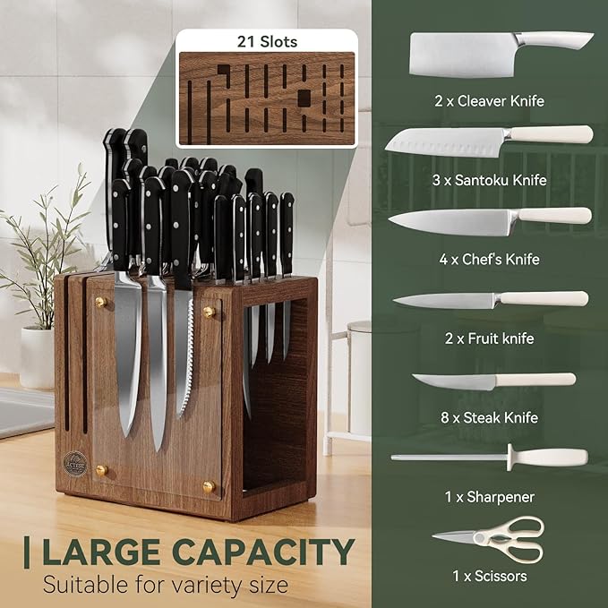 Magnetic Knife Block with Glass Cover, Universal Walnut Wood Knife Holder without Knives for Safe Knife Storage, Large Capacity Knife Storage Organizer for Kitchen Counter Top