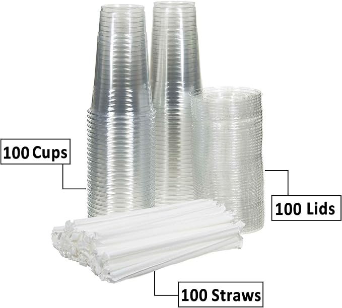 SafeWare Clear Disposable Plastic Cups 24oz with Flat Lids and Straws, Togo Disposable Iced Coffee Cups - Ideal for Party, Outdoor Picnic, BBQ, House Party, Restaurant Quality - 100 Sets