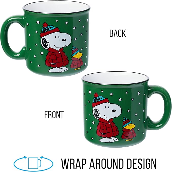 Silver Buffalo Peanuts Christmas Snoopy and Woodstock Puffer Jacket in Snow Ceramic Camper Mug, 20 ounces
