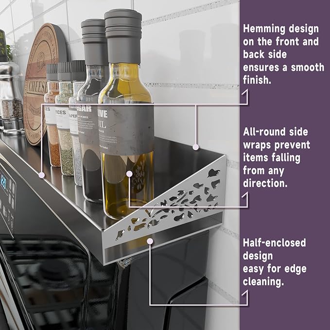 Stove Shelf for Stove Top, Spice Rack Organizer, Easy Installation, Kitchen Storage Solution, with Standard 30" Length, Brushed Stainless Steel, Non Magnate (Stainless Steel)
