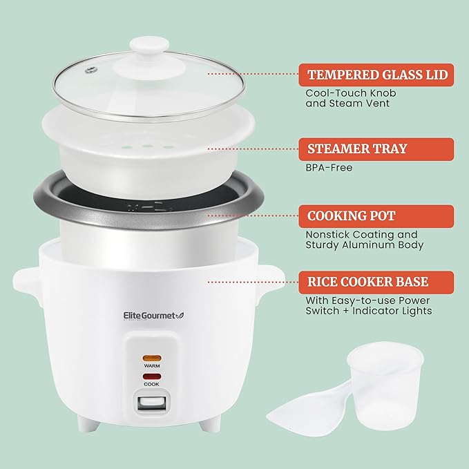 Elite Gourmet ERC-006NST Maxi-Matic Electric Rice Cooker with Non-Stick Inner Pot Makes Soups, Stews, Grains, Cereals, Keep Warm Feature, 6 Cups Cooked (3 Cups Uncooked), White