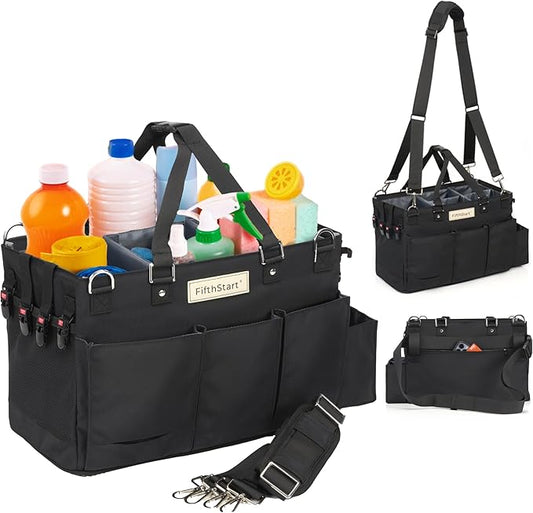 FifthStart Multiuse Cleaning Caddy w/Waist & Shoulder Strap - 9 Pockets Tote Bag for Housekeeping Gardening Fishing Bathroom Organizer Adjustable Compartments, Black Large Caddy Organizer with Handle