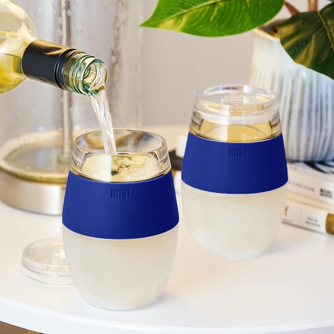 Host Cooling Wine Freeze Cup with Lid, Set of 2 Plastic Double Wall Insulated Tumbler Drink Cup with Freezing Gel for Red and White Wine, Blue